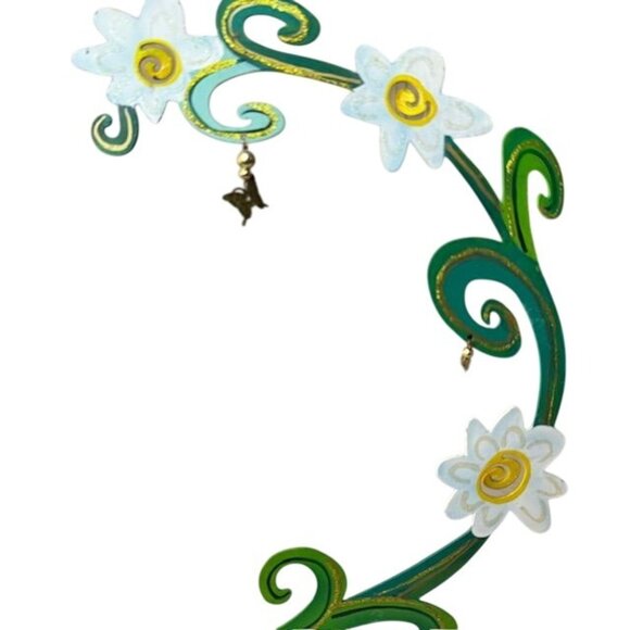 Handcrafted Green & White Floral Metal Sculpture With Dragonfly Accents By Rossi - Picture 2 of 7